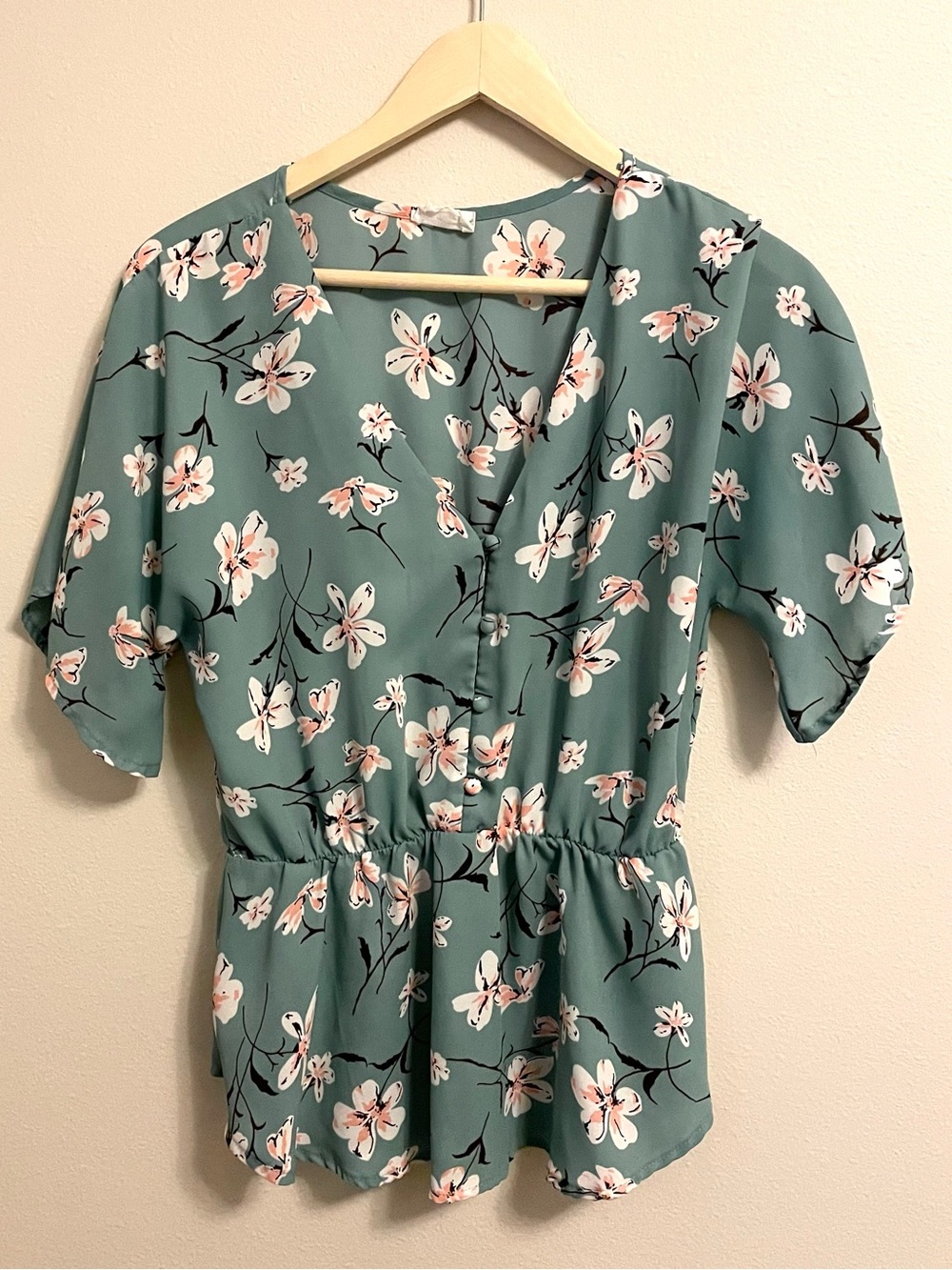 Sienna Sky - Floral Peplum Blouse in Sage Green and Blush - Size M